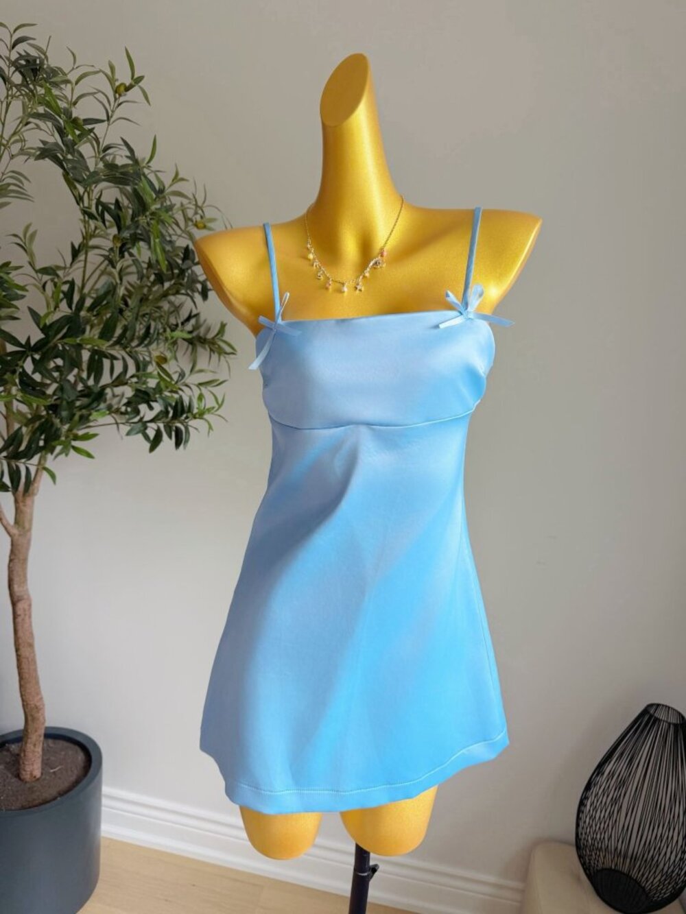 Altar’d State Blue Satin Bow Strap Mini Dress Coquette Size S